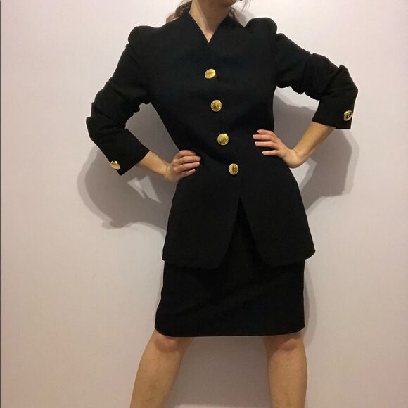 VINTAGE 80s Genny Black Blazer Skirt Suit Set Sz 6 2piece Monochrome Office CEO - Picture 4 of 15